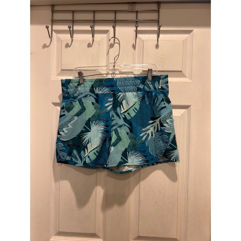 World Wide Sportsman Womens L Blue Tropical Leaf Print Athletic Fishing Shorts